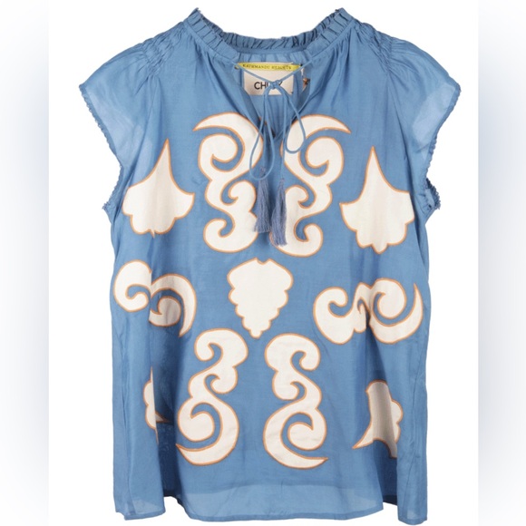 Chufy Tops - Chufy Kathmandu Heights Silk Embroidered Boho Blouse Blue Size L